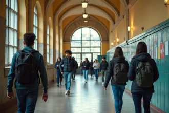 Couloir animé d'un grand lycée français rempli d'élèves entre les cours