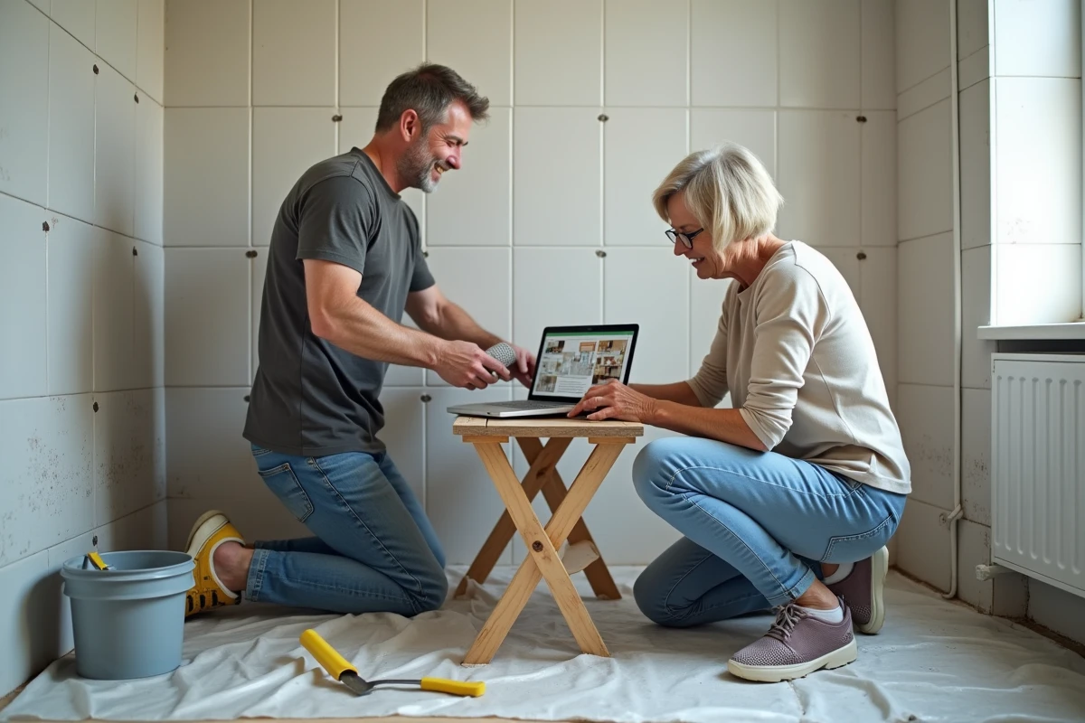 Couple consultant un cours de bricolage en ligne sur ordinateur portable pendant la pose de carrelage dans une salle de bain