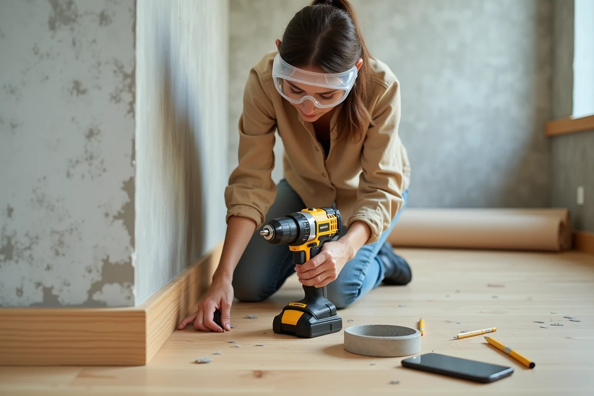 Femme en train de poser un parquet en suivant un cours de bricolage sur smartphone dans un salon en r&eacute;novation