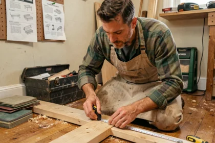 Homme mesurant une planche en bois avec un mètre ruban dans un atelier de bricolage pour éviter les erreurs de débutant