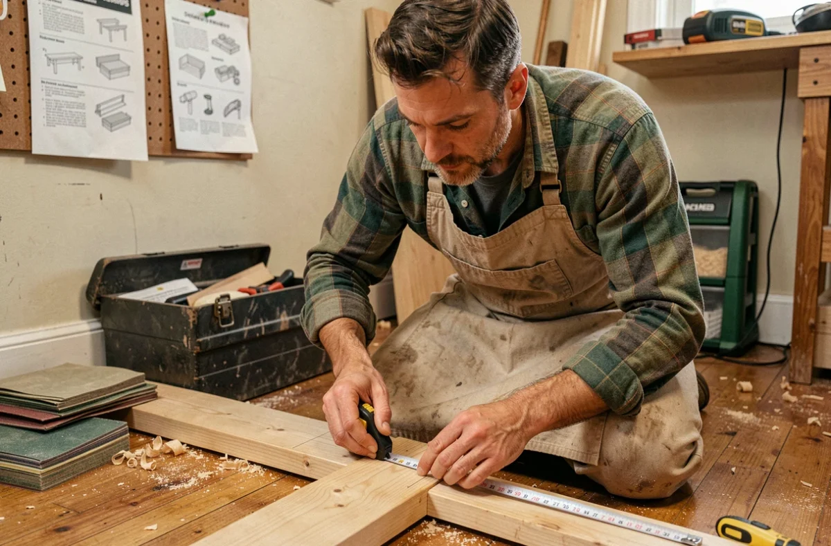 Homme mesurant une planche en bois avec un mètre ruban dans un atelier de bricolage pour éviter les erreurs de débutant