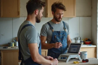 Homme adulte suivant un cours de bricolage en ligne sur tablette dans une cuisine en cours de rénovation
