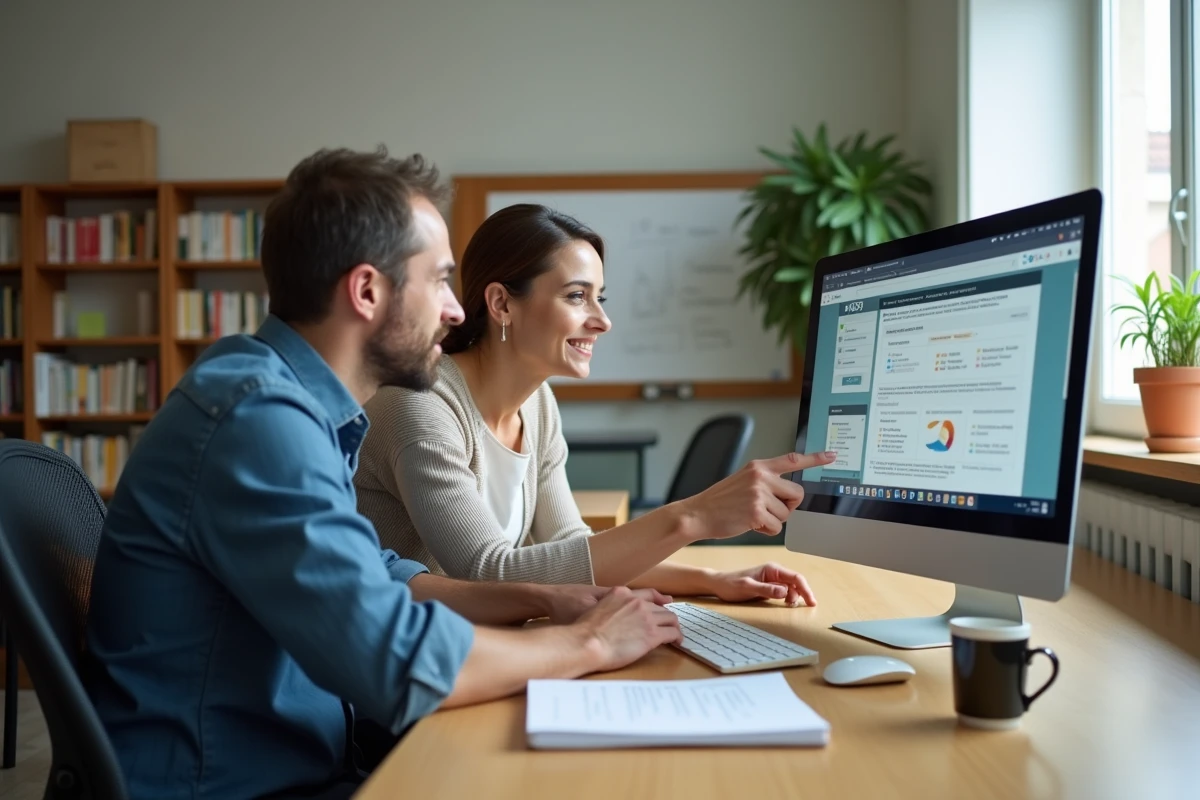 Deux enseignants collaborant sur l'interface IProf Dijon, partageant des astuces sur les fonctionnalités méconnues de la plateforme