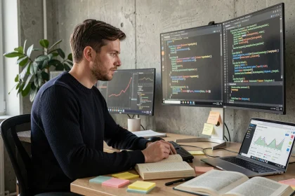 Développeur utilisant l'intelligence artificielle pour optimiser du code et améliorer le référencement SEO dans un bureau moderne