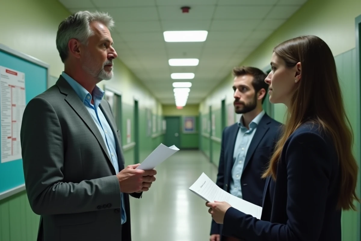 Directeur de lycée en discussion avec des enseignants dans un couloir au sujet du Pacte enseignant 2026
