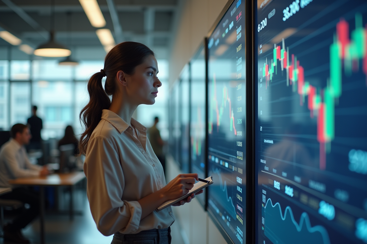 Femme discutant avec un collègue devant des écrans boursiers