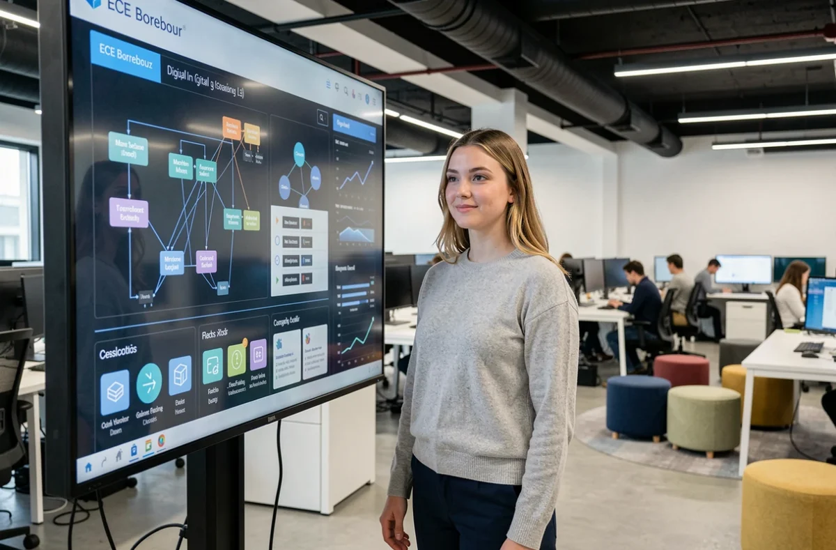 Étudiante en ingénierie du numérique présentant un tableau de bord de visualisation de données dans un laboratoire digital de l'ECE Bordeaux
