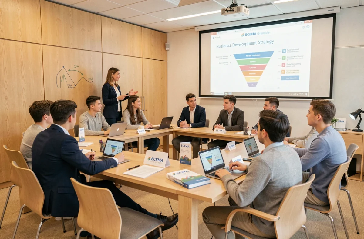 Cours en petite salle de séminaire à ECEMA Grenoble avec une enseignante et des étudiants attentifs