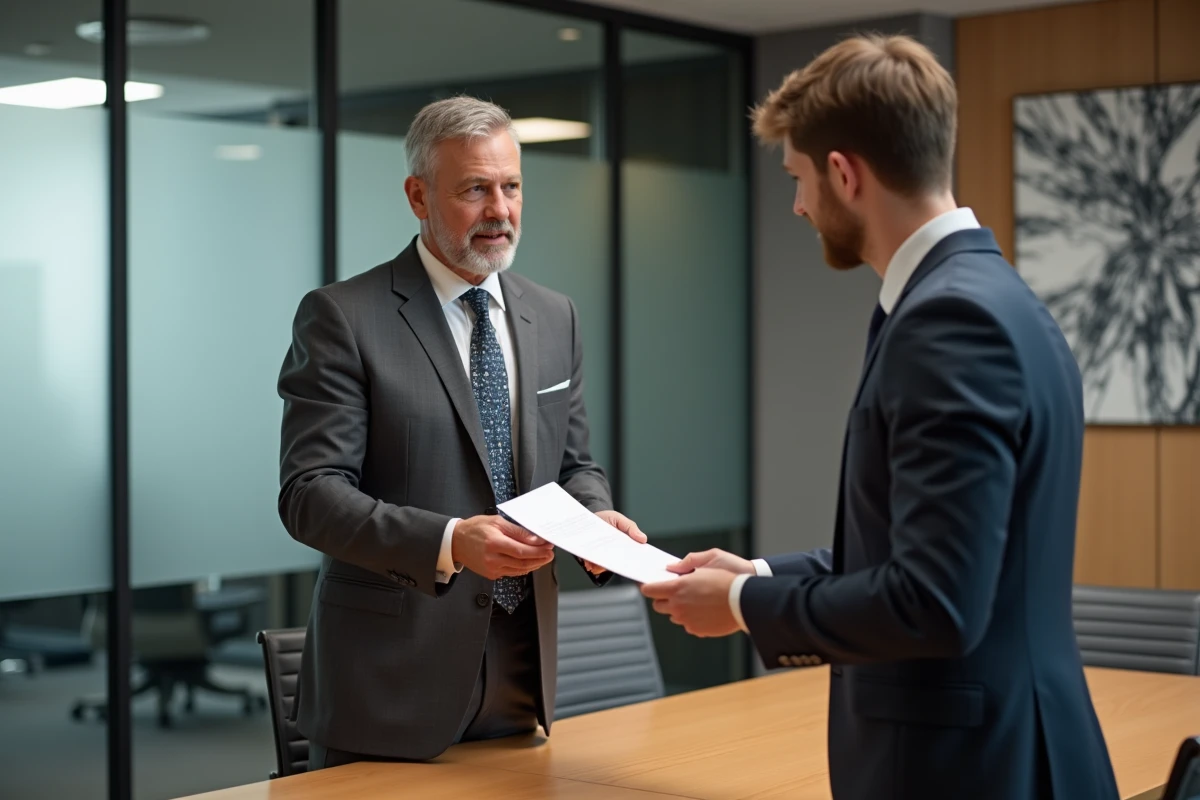 Homme en costume remet une lettre &agrave; un coll&egrave;gue dans une salle de r&eacute;union