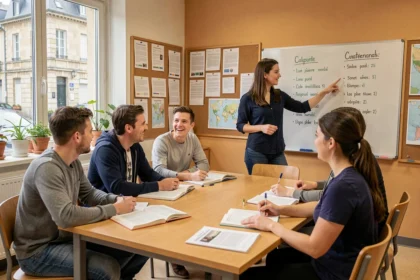 Cours de langue dans une école de langues en Seine-et-Marne avec un groupe d'adultes et un professeur devant un tableau blanc