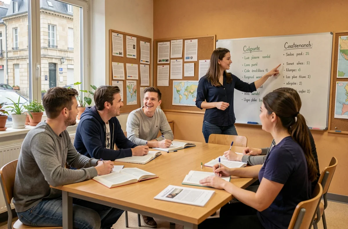 Cours de langue dans une école de langues en Seine-et-Marne avec un groupe d'adultes et un professeur devant un tableau blanc