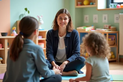 Éducatrice spécialisée assise sur un tapis coloré en salle de thérapie, en conversation bienveillante avec un jeune dans un centre éducatif spécialisé