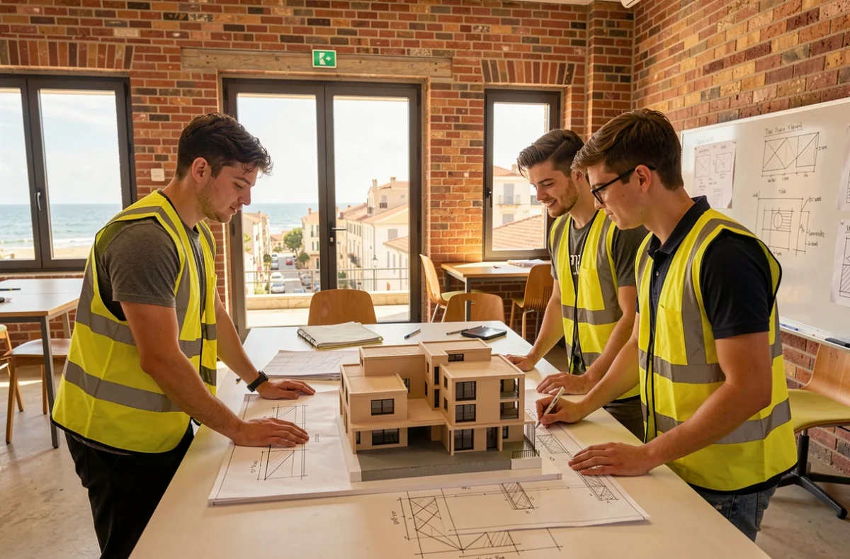 Groupe d'étudiants ingénieurs généralistes travaillant sur une maquette architecturale dans un studio collaboratif de l'EIGSI à La Rochelle