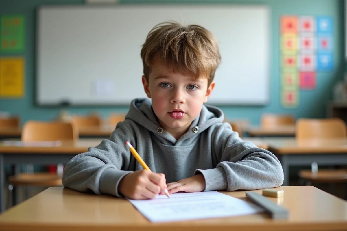 &Eacute;l&egrave;ve de primaire concentr&eacute; sur une fiche d'&eacute;valuation &eacute;crite dans une salle de classe