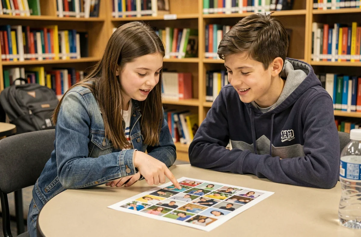 Deux élèves de collège consultant ensemble une planche de photos de classe dans la bibliothèque scolaire