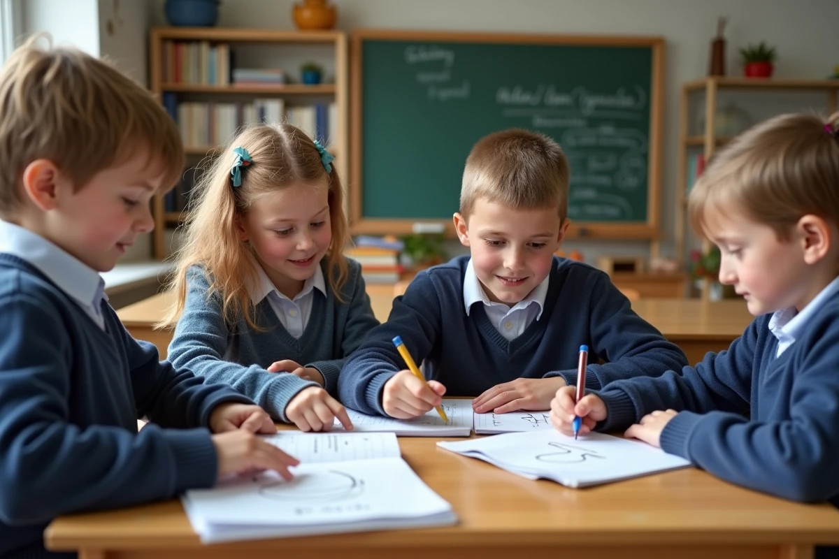 El&egrave;ves de coll&egrave;ge travaillant sur un exercice de conjugaison