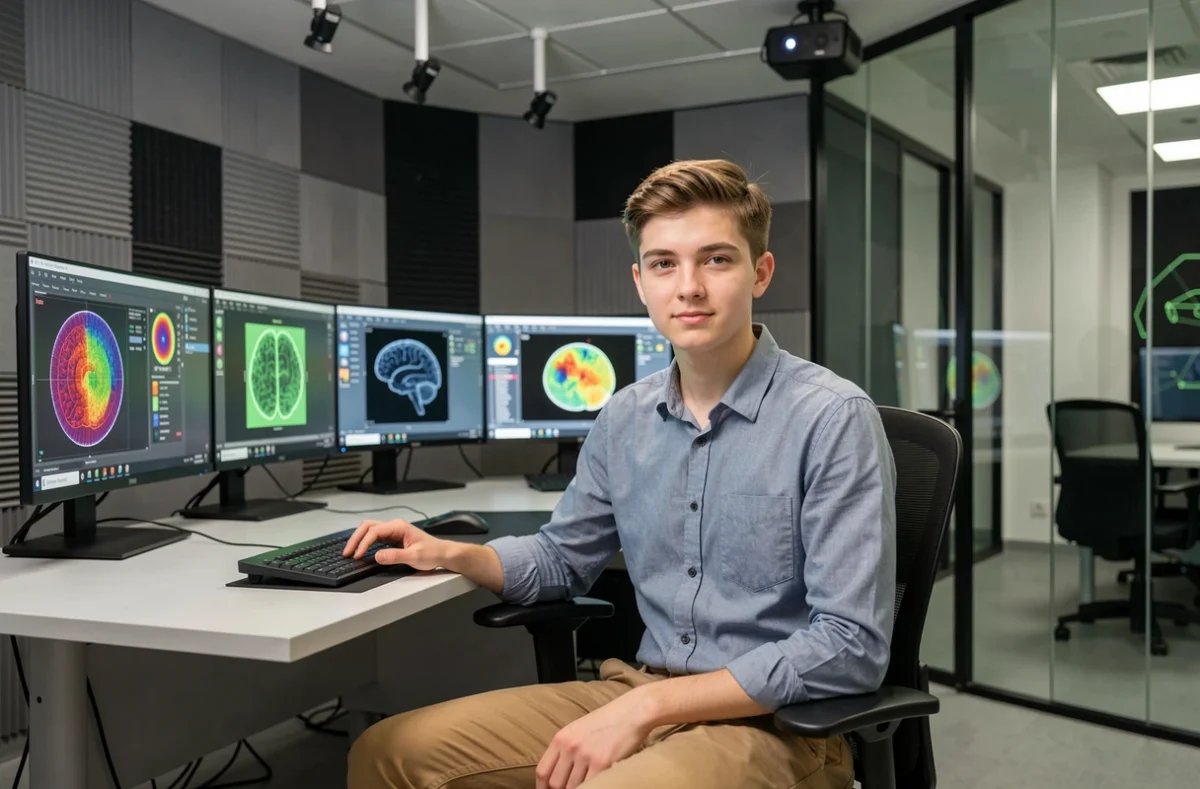 Étudiant en cognitique travaillant sur une interface homme-machine dans un laboratoire de l'ENSC à Bordeaux