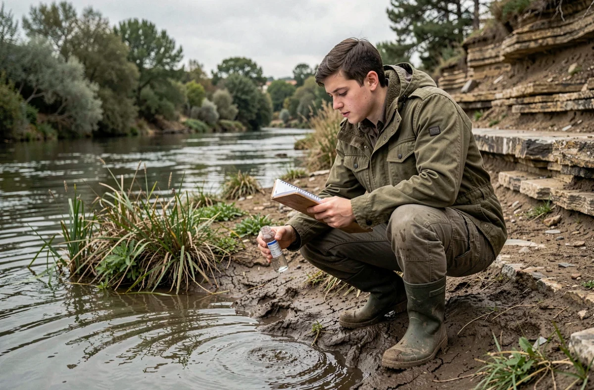 Étudiant de l'ENSEGID collectant un échantillon d'eau sur le terrain dans le cadre d'une étude en géoressources et environnement