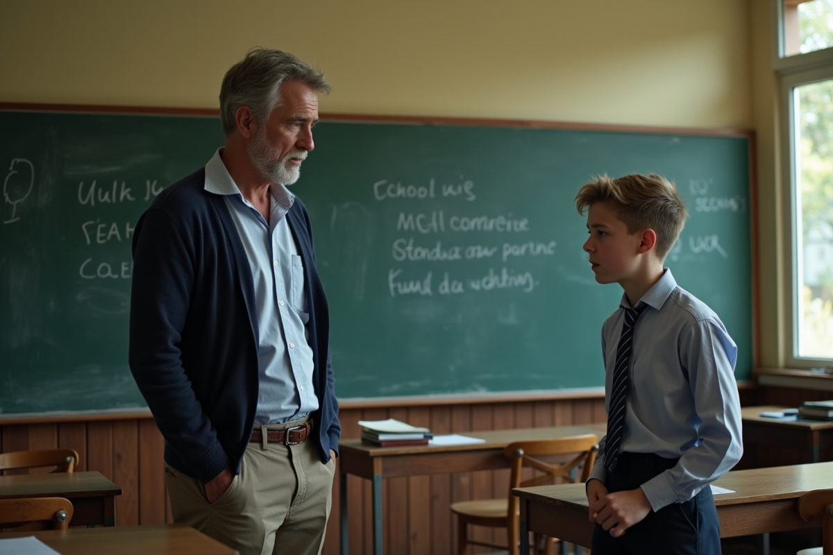 Professeur en discussion avec élève en classe ancienne