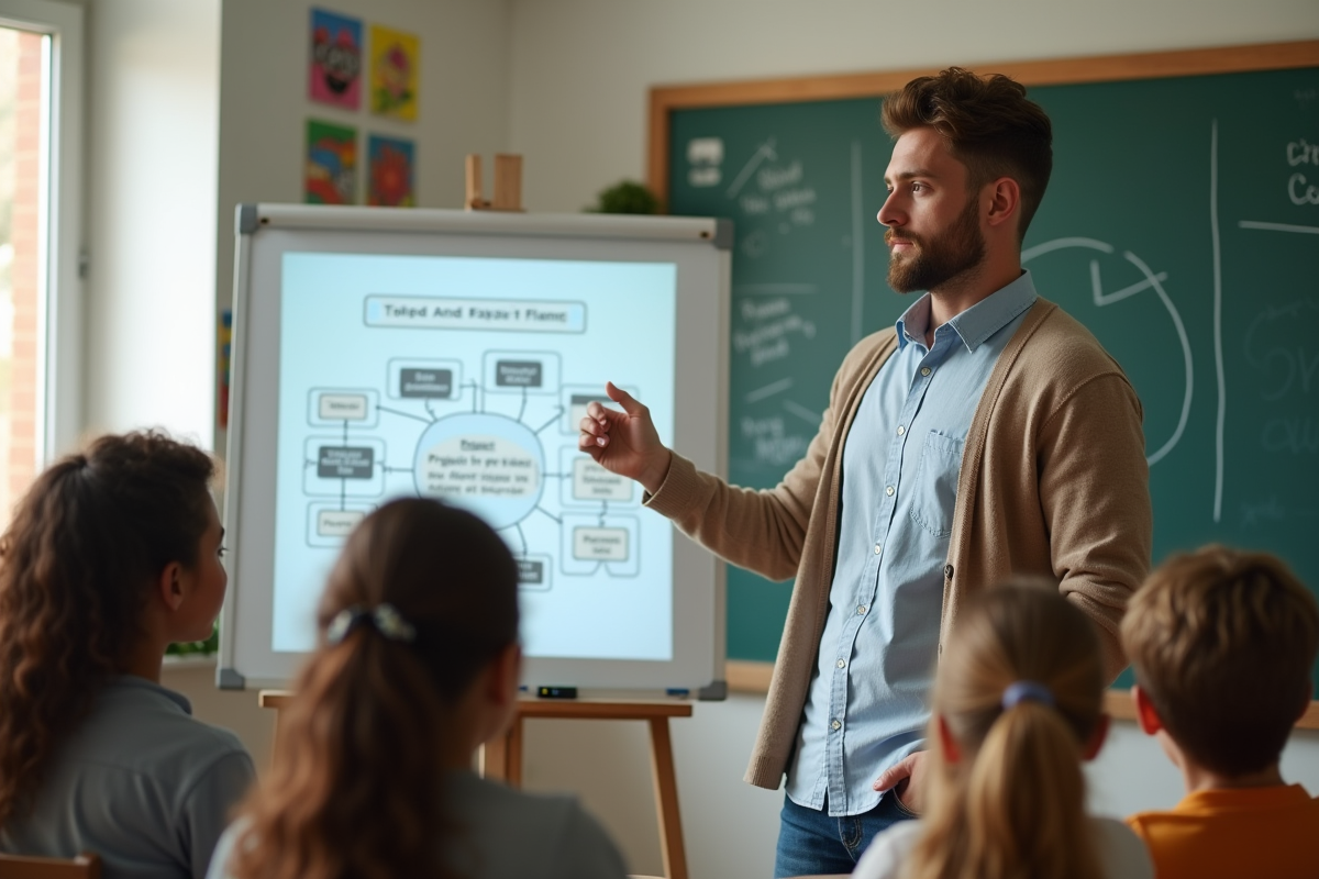 Enseignant présentant un projet aux parents dans une classe