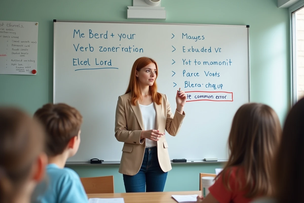 Enseignante expliquant les erreurs typiques de conjugaison du deuxième groupe verbal à des collégiens au tableau