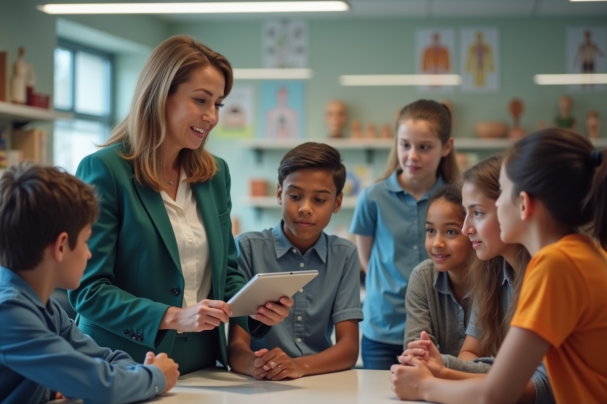 Professeure montrant une application à des lycéens en laboratoire