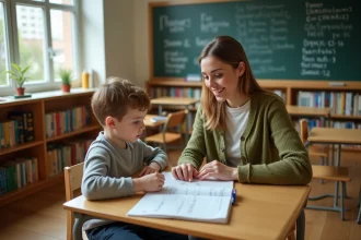 Enseignante guidant un élève dans la lecture d'un texte Fluence en classe primaire