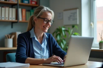 Enseignante utilisant l'ENT Aisne sur son ordinateur portable dans la salle des professeurs
