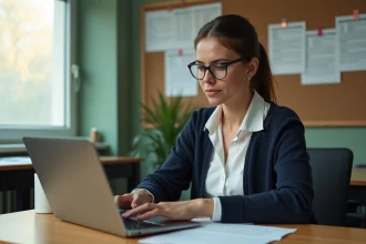 Enseignante utilisant l'interface IProf sur un ordinateur portable dans une salle des professeurs, découvrant les fonctions avancées de gestion administrative