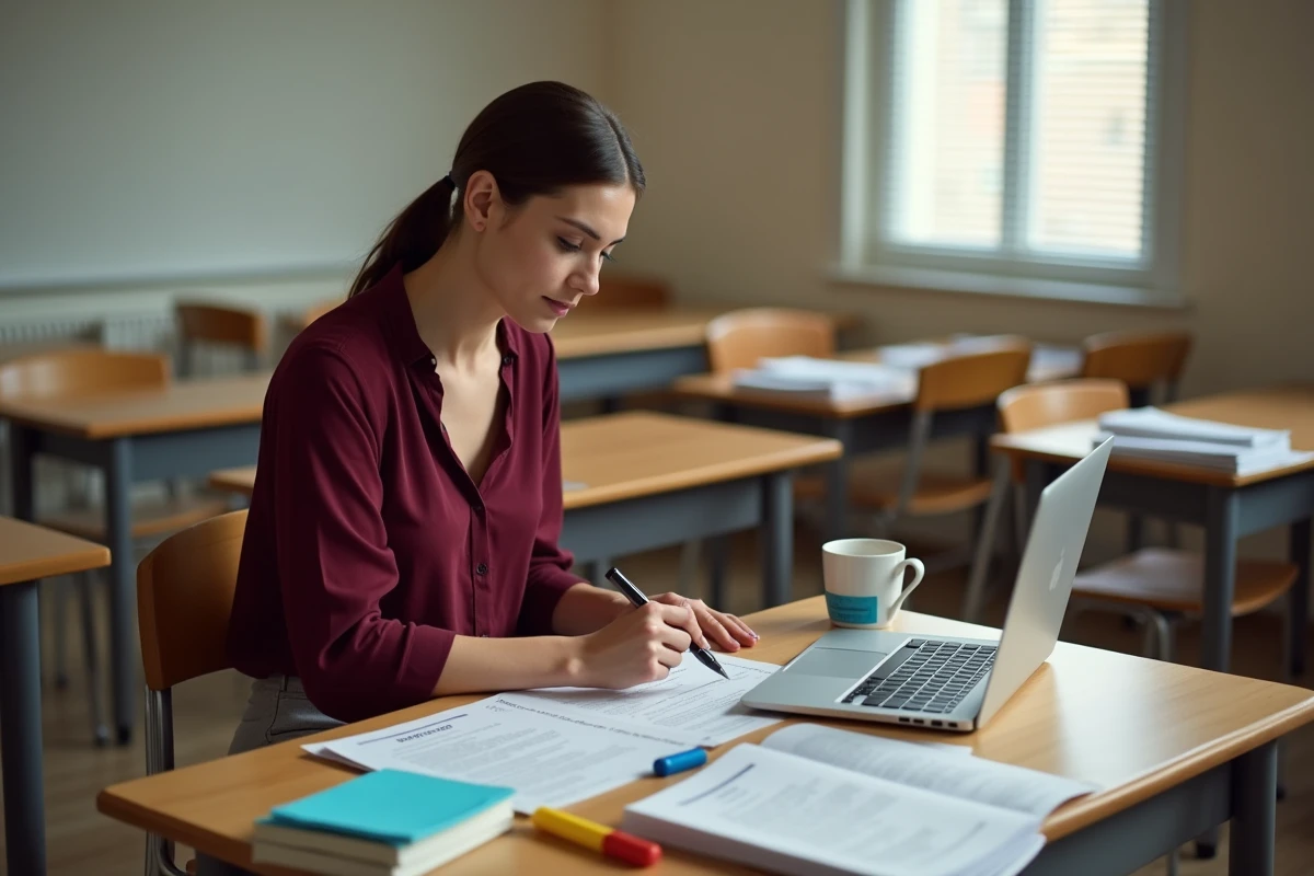 Enseignante préparant une séquence pédagogique en articulant textes Fluence et méthode Picot