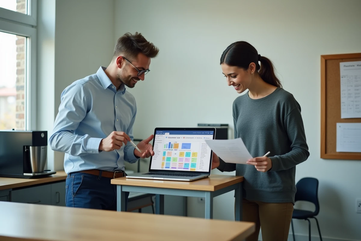 Deux enseignants collaborant sur un tableau de bord num&eacute;rique de suivi des comp&eacute;tences en salle des professeurs