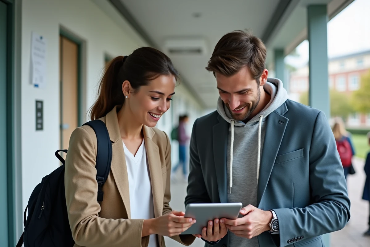Deux enseignants collaborant sur l'ENT Aisne avec une tablette dans le couloir d'un collège