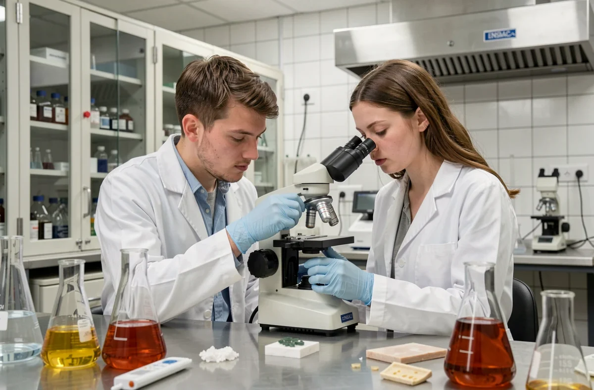 Deux étudiants en blouse blanche analysant un échantillon de matériaux dans un laboratoire de chimie de l'ENSMAC