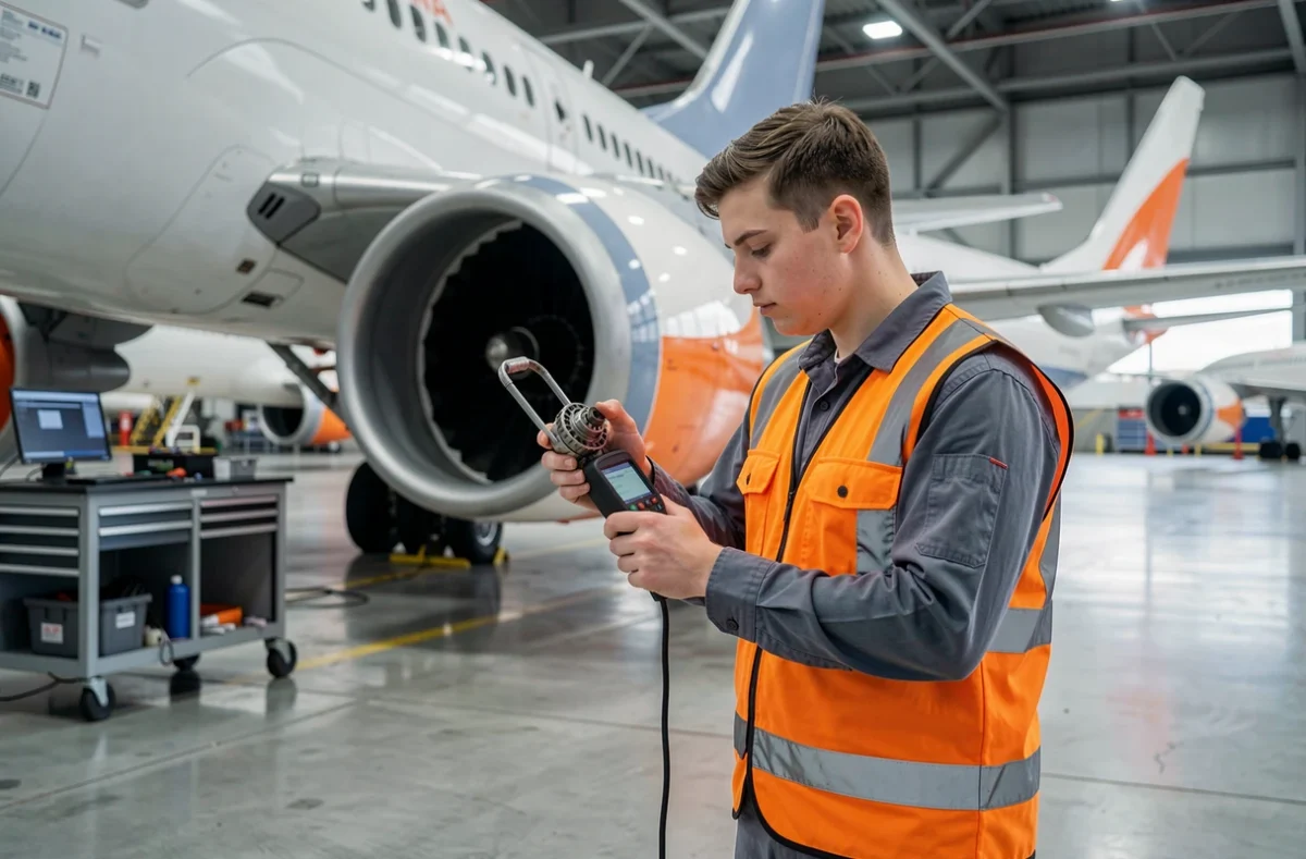 Étudiant en maintenance aéronautique inspectant un moteur d'avion dans un hangar de l'ENSPIMA
