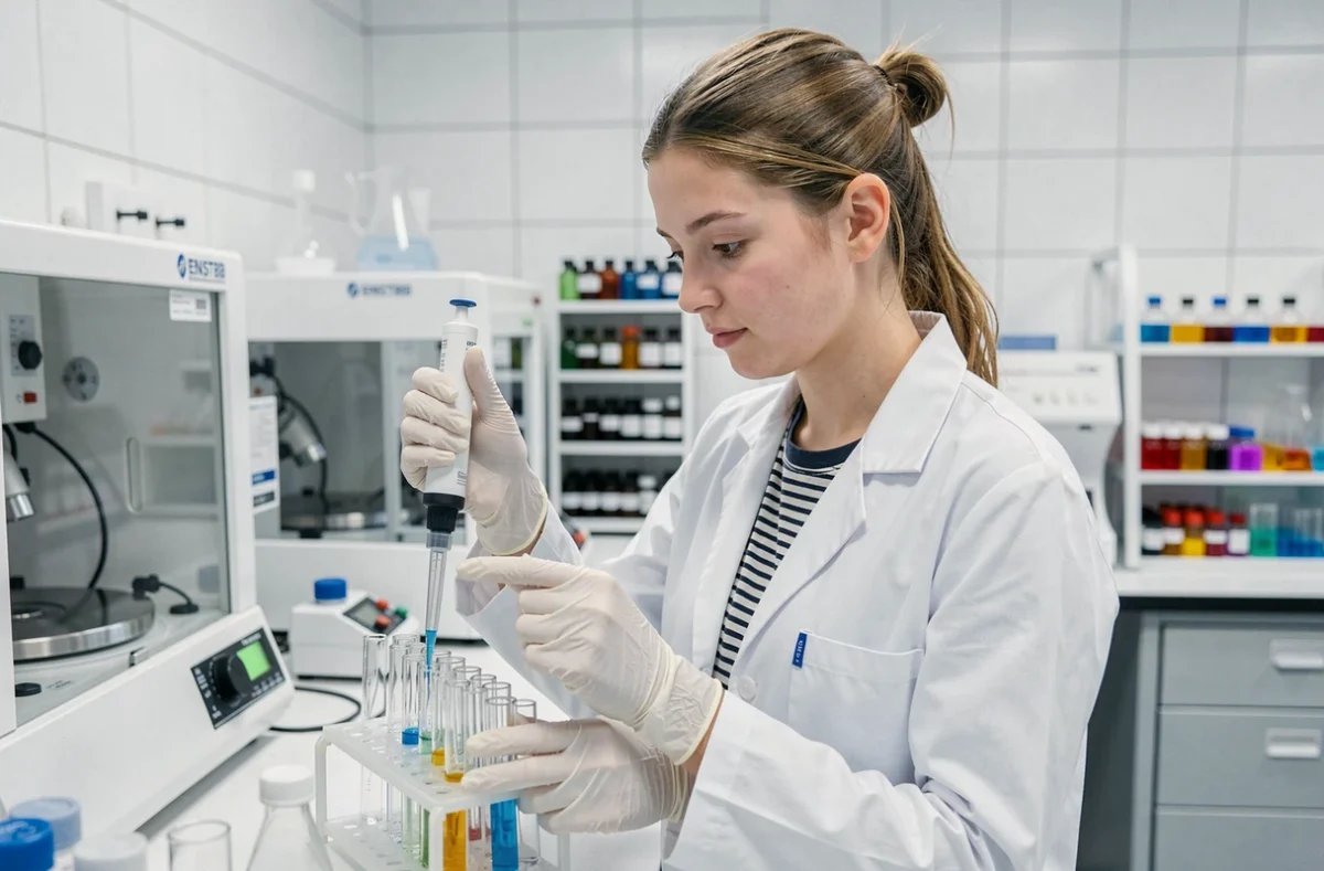 Étudiante en biotechnologies effectuant une manipulation de pipettage dans un laboratoire de l'ENSTBB à Bordeaux