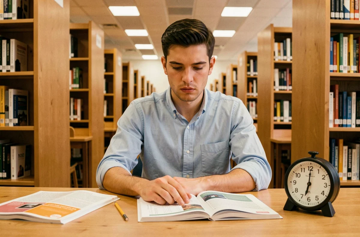 Jeune homme s'entraînant en conditions chronométrées sur des exercices psychotechniques dans une bibliothèque