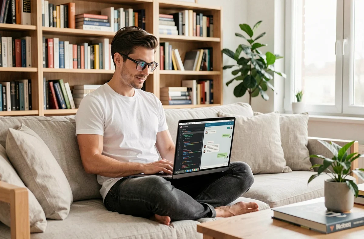 Entrepreneur tech travaillant avec un assistant IA sur son ordinateur portable pour automatiser le SEO et le développement web depuis son salon