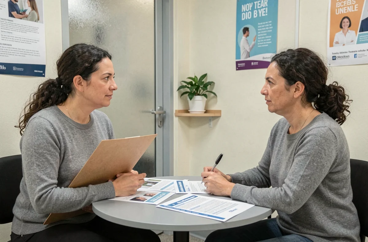 Femme de 38 ans en entretien de conseil avec une conseillère Pôle Emploi autour de fiches métiers pour demandeurs d'emploi de longue durée
