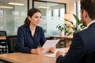 Jeune femme sans diplôme convaincant un recruteur lors d'un entretien d'embauche dans un bureau moderne