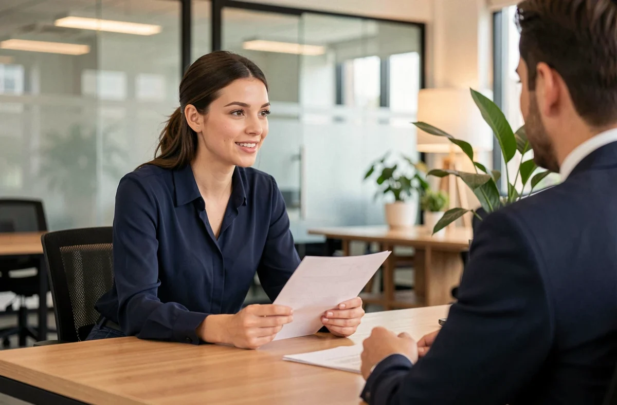 Jeune femme sans diplôme convaincant un recruteur lors d'un entretien d'embauche dans un bureau moderne