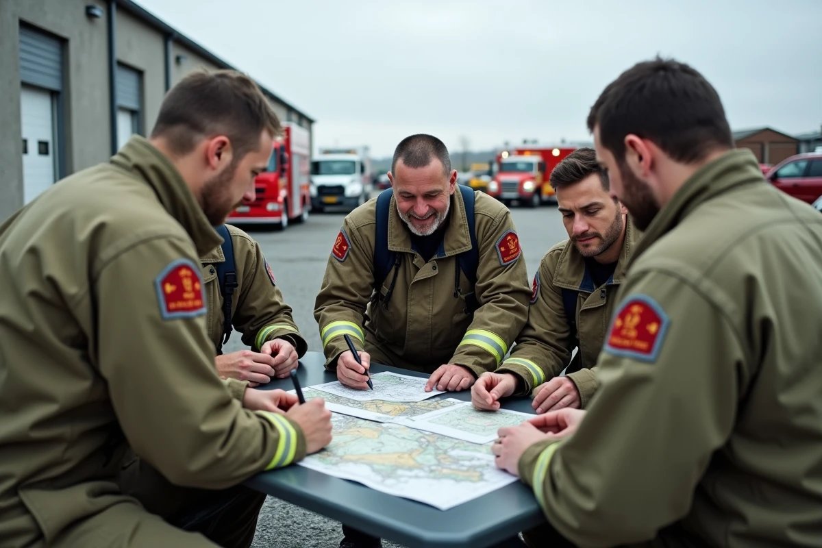 Équipe de pompiers en réunion de retour d'expérience après une manœuvre d'entraînement