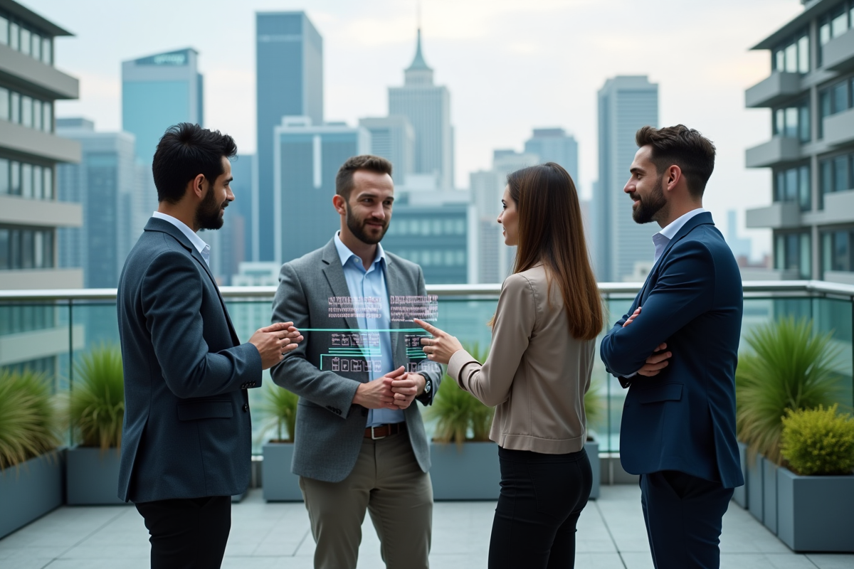 Groupe de trois professionnels discutant sur une terrasse urbaine