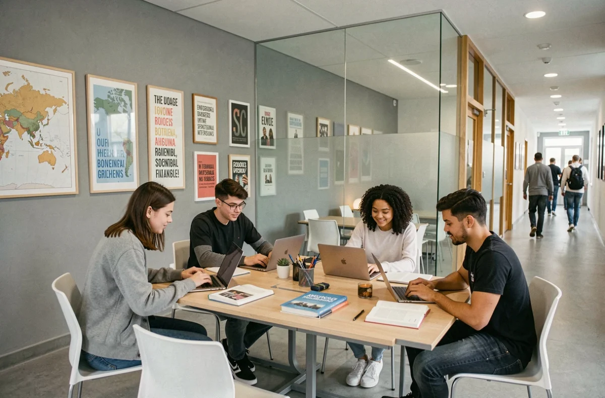 Espace d'étude ouvert et international de l'ESCE Business School campus Grenoble avec étudiants divers