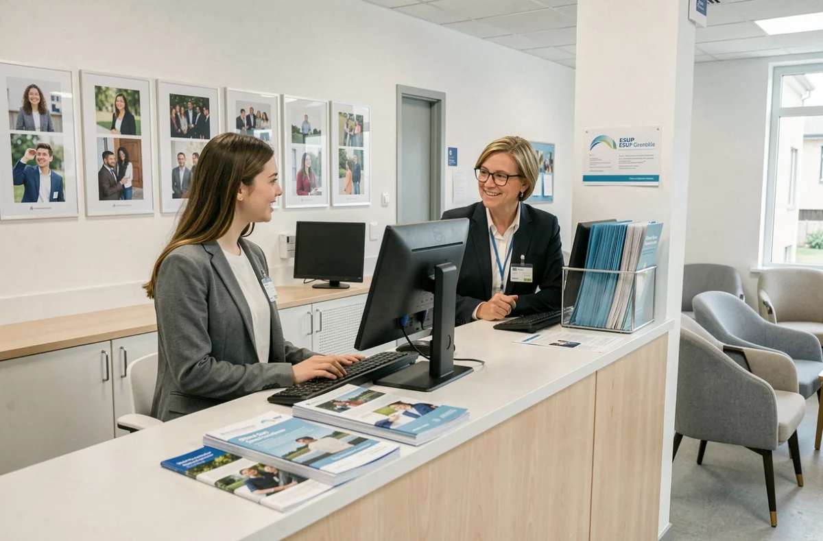 Accueil et services aux étudiants à ESUP Grenoble avec une étudiante et une conseillère administrative