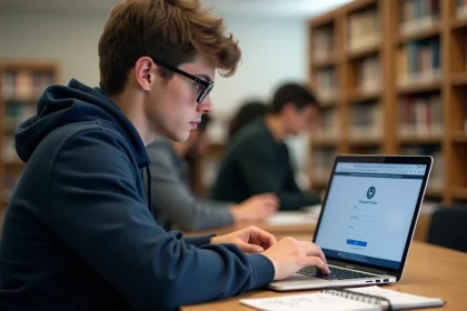 Étudiant masculin connecté à un portail universitaire eCampus sur son ordinateur portable dans une bibliothèque