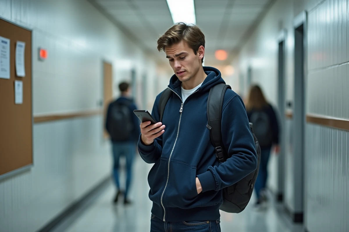 Étudiant consultant l'accès à son portail universitaire HyperPlanning sur smartphone dans un couloir