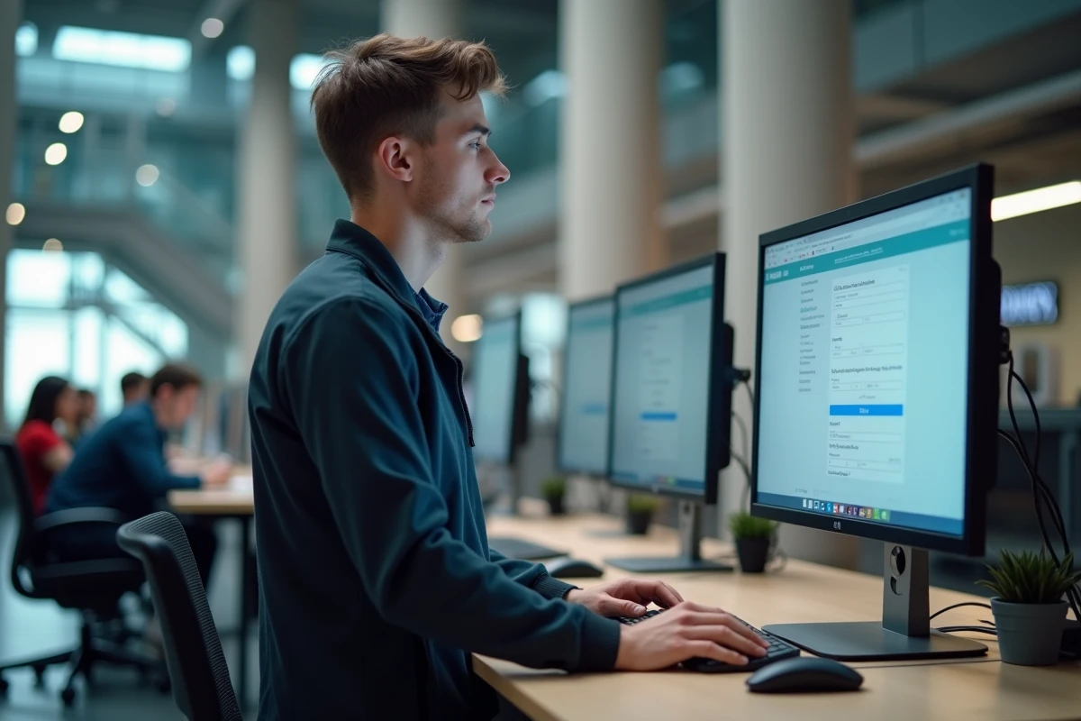 Étudiant consultant le portail LEO UGA sur un poste informatique dans un espace collaboratif universitaire