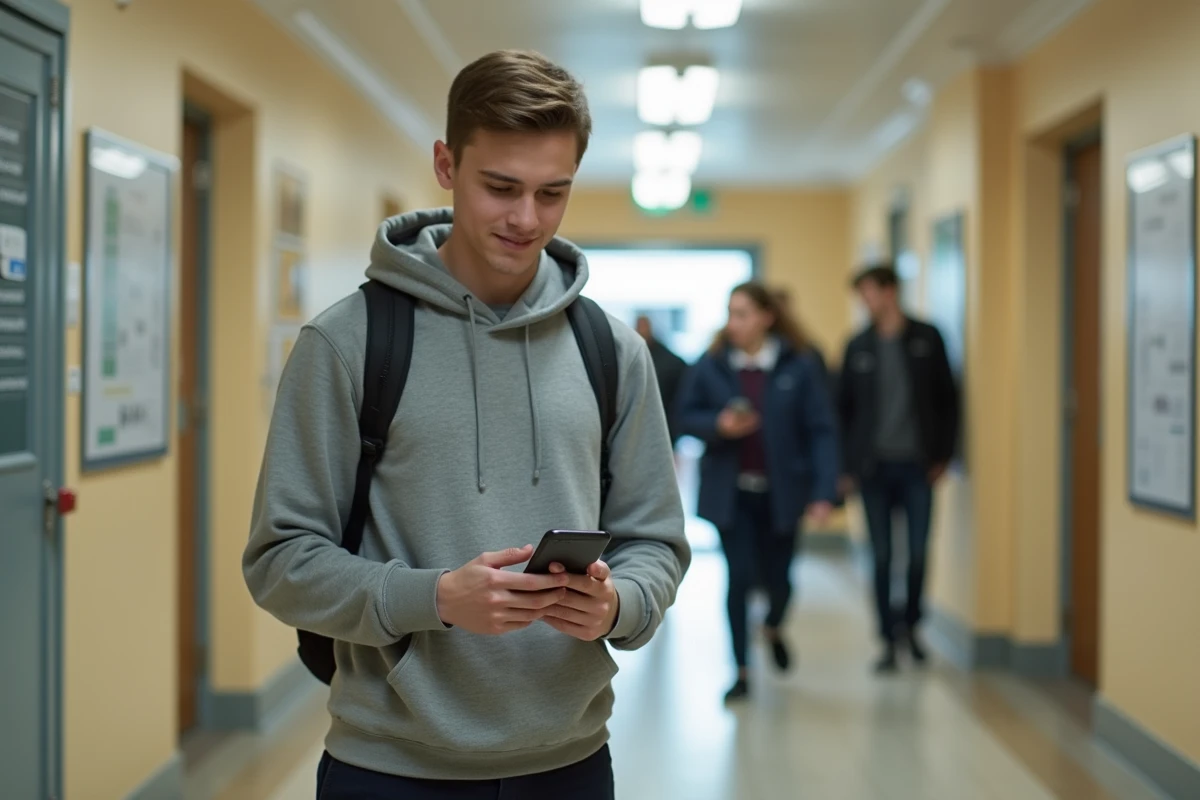Étudiant consultant l'emploi du temps universitaire sur smartphone dans un couloir du campus d'Angers