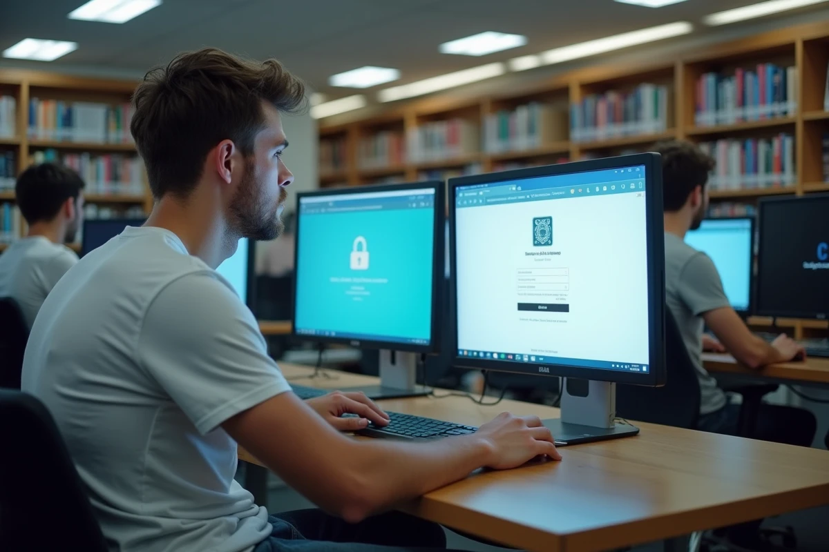 Étudiant configurant un VPN sur un ordinateur en bibliothèque pour accéder au portail scolaire Scolinfo