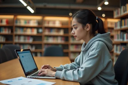 Étudiante accédant à son espace campus numérique sur un ordinateur portable dans une bibliothèque universitaire